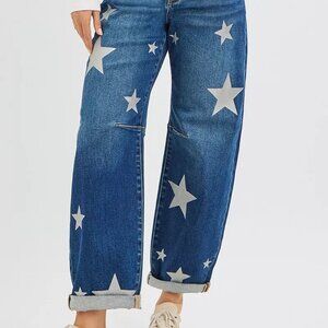 RISEN Mid Rise Ankle Length Relaxed Barrel Star Printed Jeans